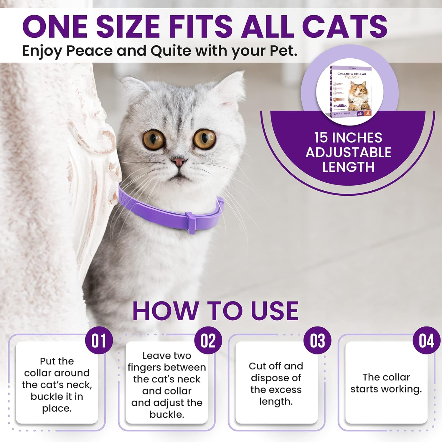 Infographic showing how to properly fit the cat breakaway collar allowing a comfortable two-finger gap.