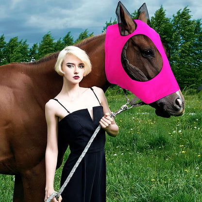 Side profile of equine fly mask showing ear and forehead coverage