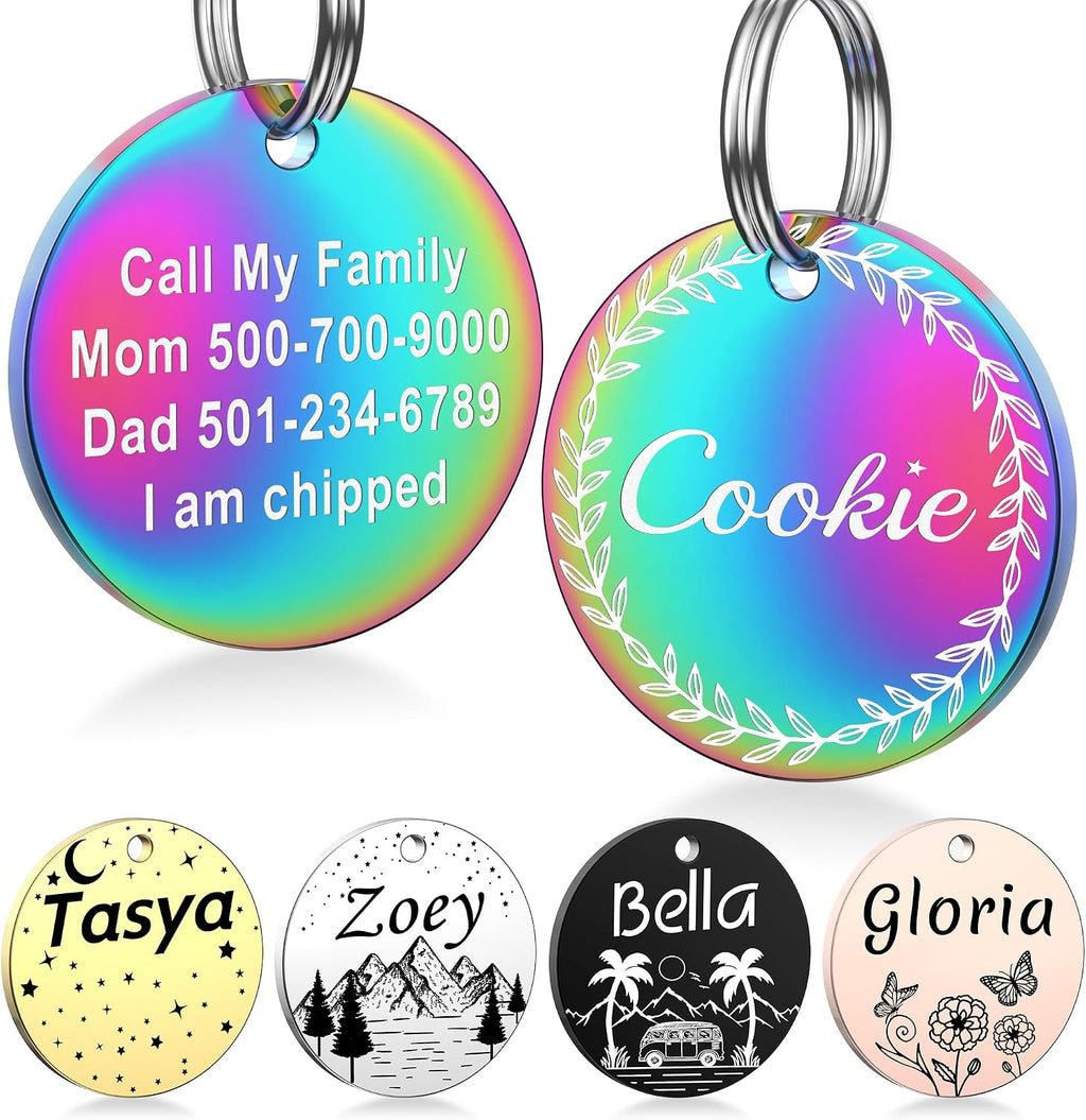 GISUERY stainless steel personalized pet tag front view showing engraved pet name with leafy border design