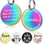 GISUERY stainless steel personalized pet tag front view showing engraved pet name with leafy border design