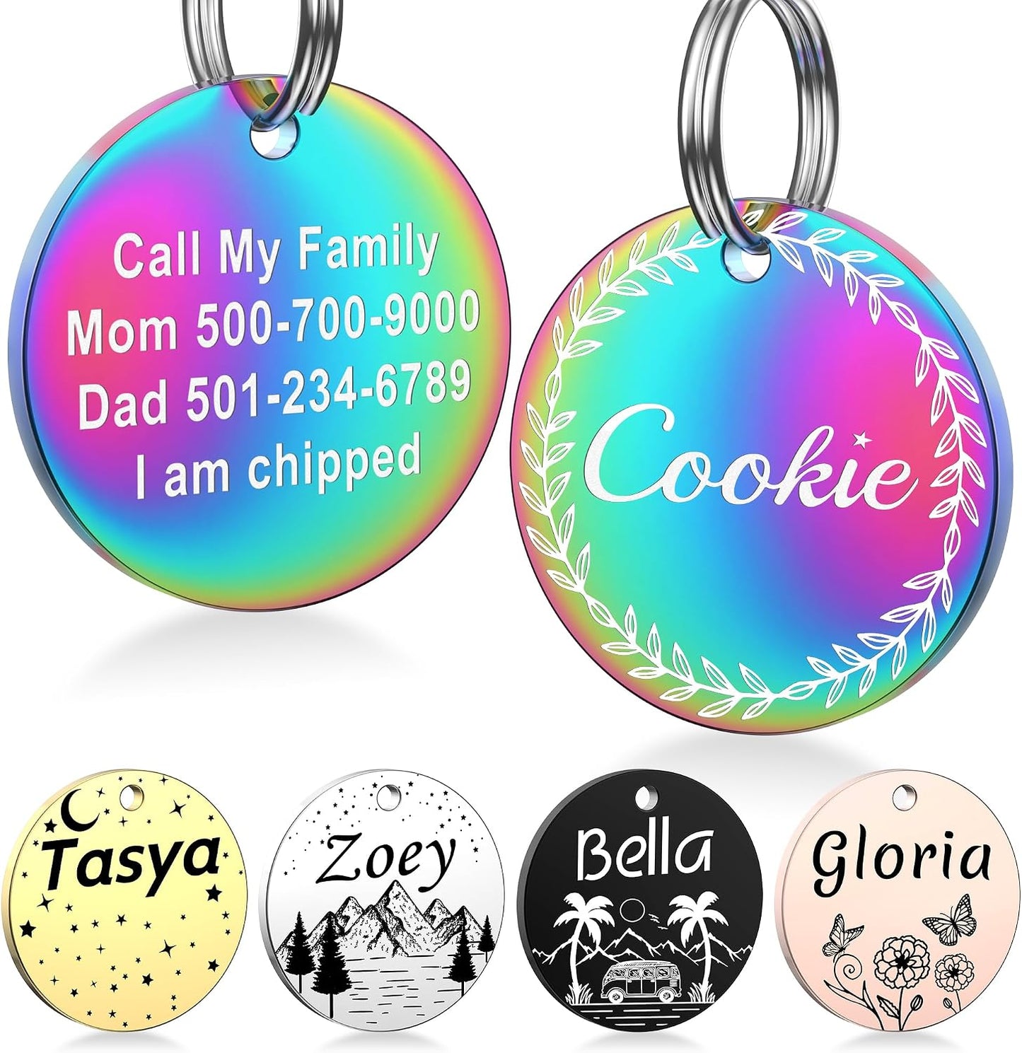 GISUERY stainless steel personalized pet tag front view showing engraved pet name with leafy border design