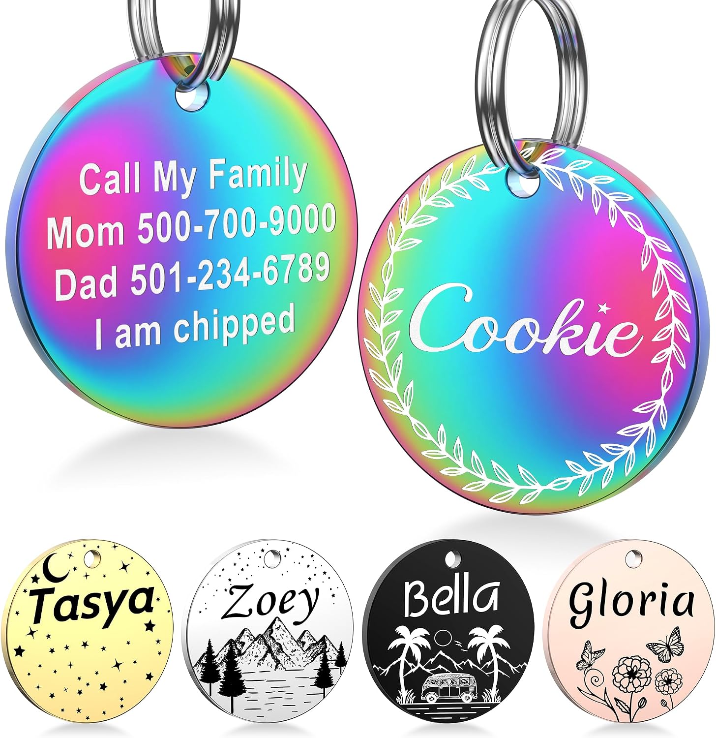 GISUERY stainless steel personalized pet tag front view showing engraved pet name with leafy border design