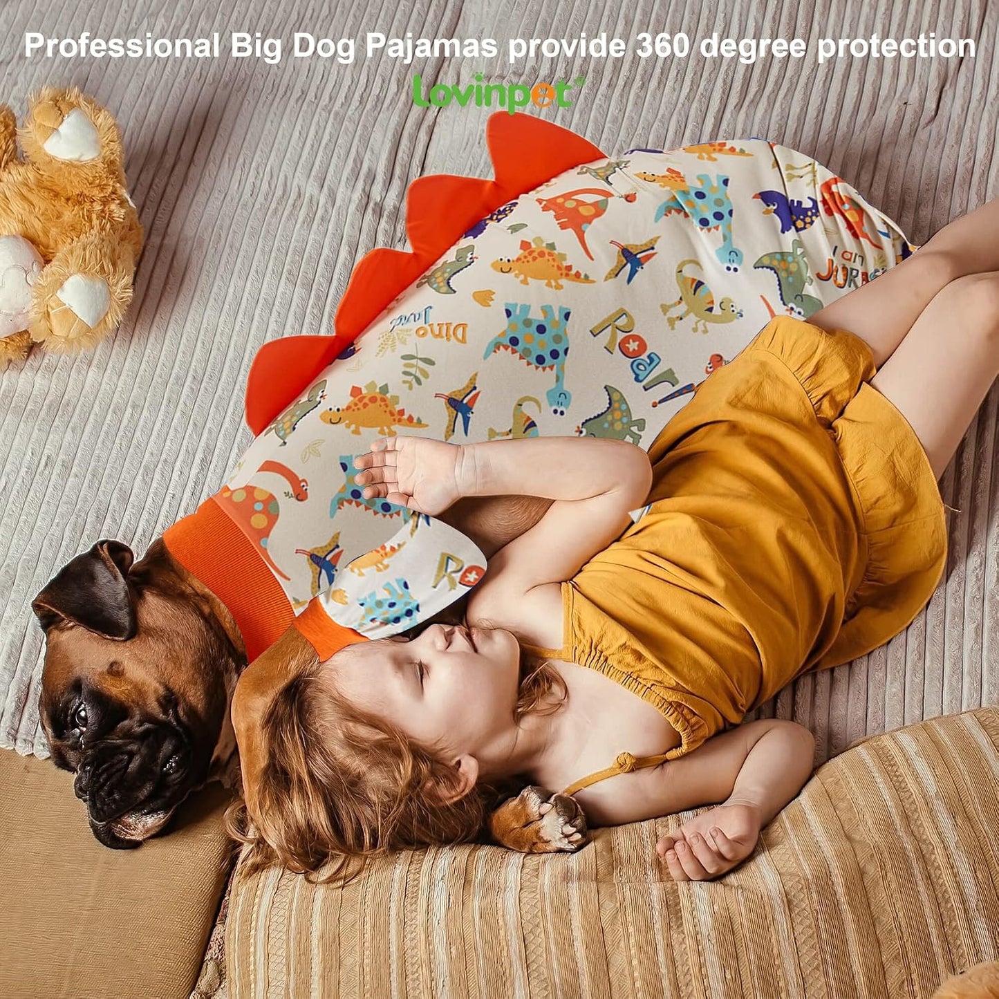 LovinPet large breed anti anxiety jammies providing a comfortable alternative to a medical cone for wound care.