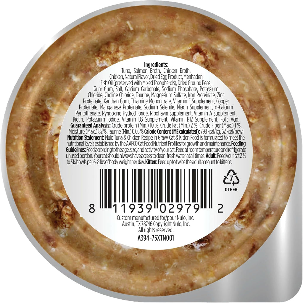 Nulo cat food cup packaging showing tuna and chicken ingredients