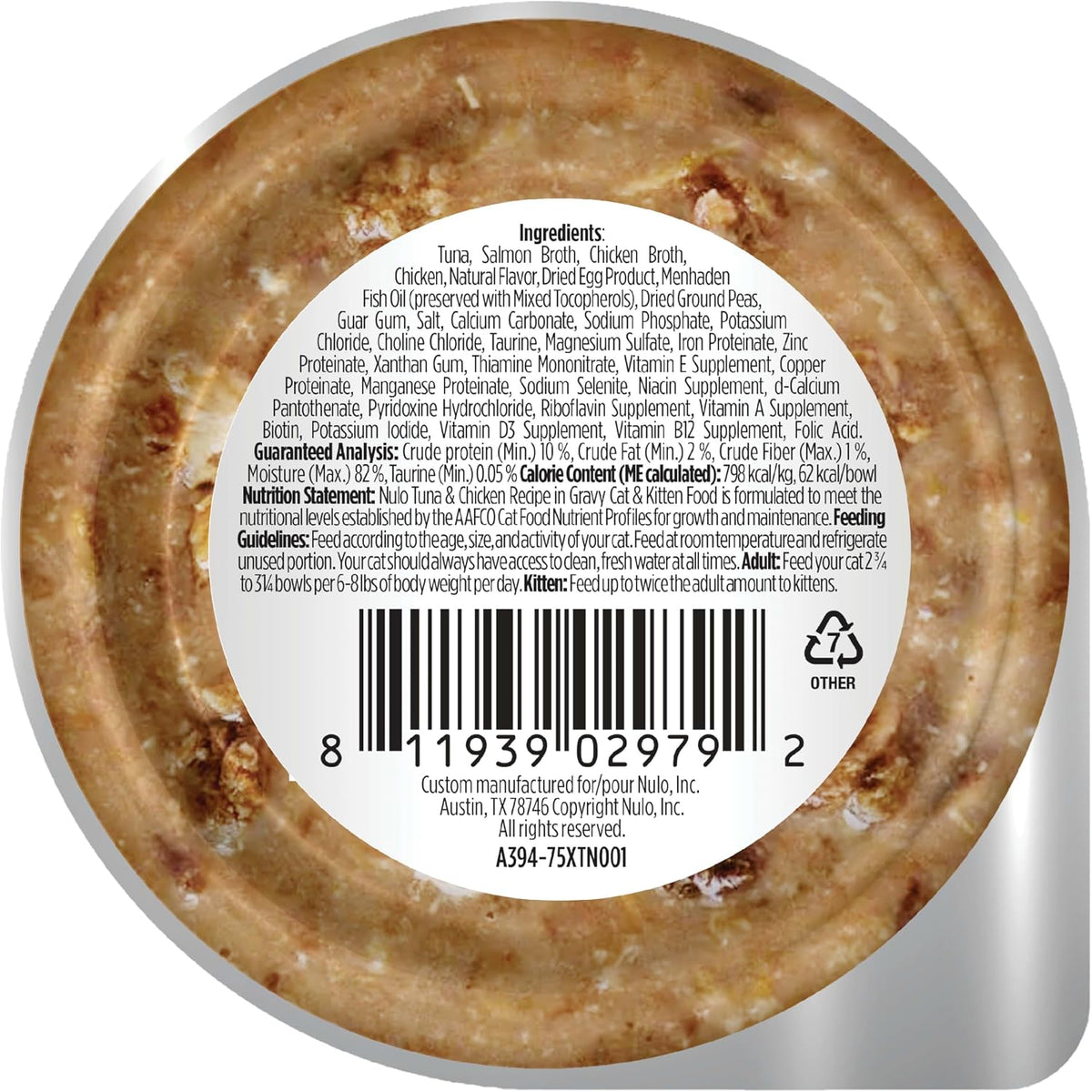 Nulo cat food cup packaging showing tuna and chicken ingredients