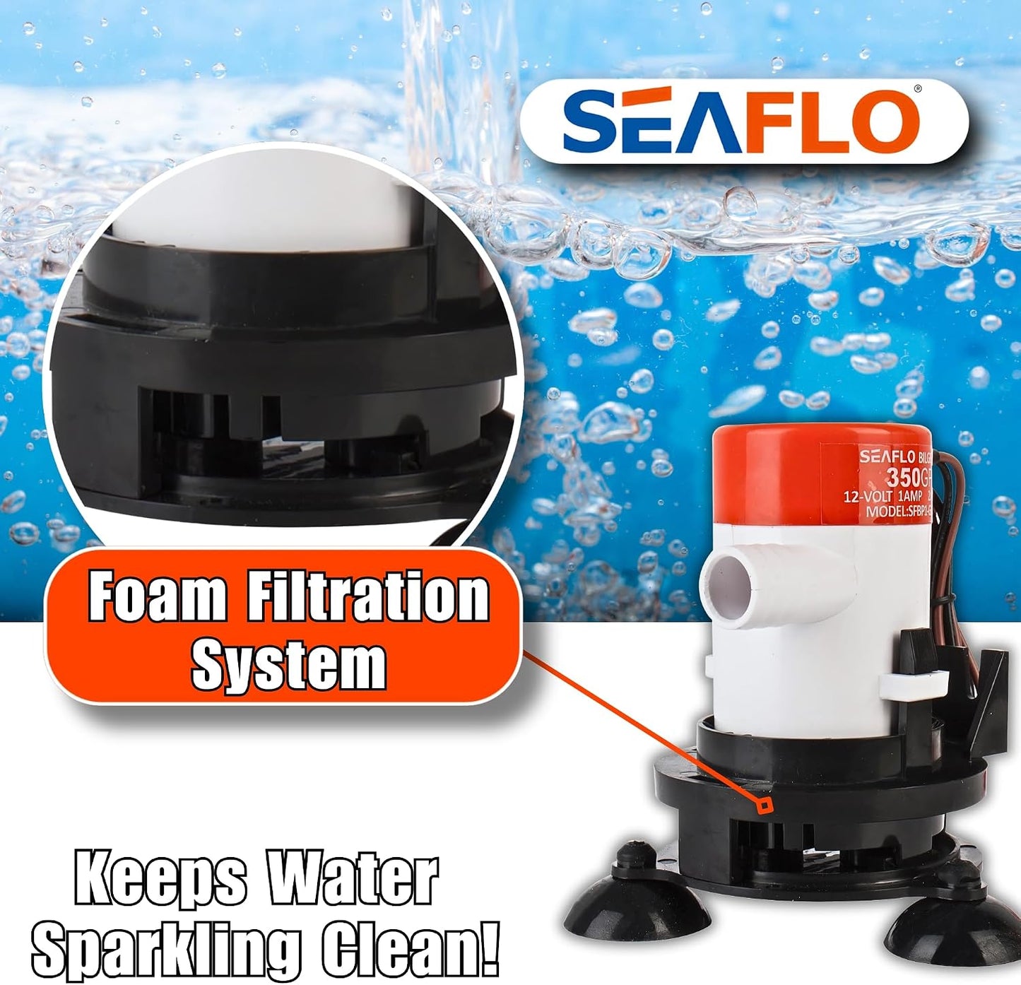 Seaflo 12V submersible pump showing corrosion-resistant housing