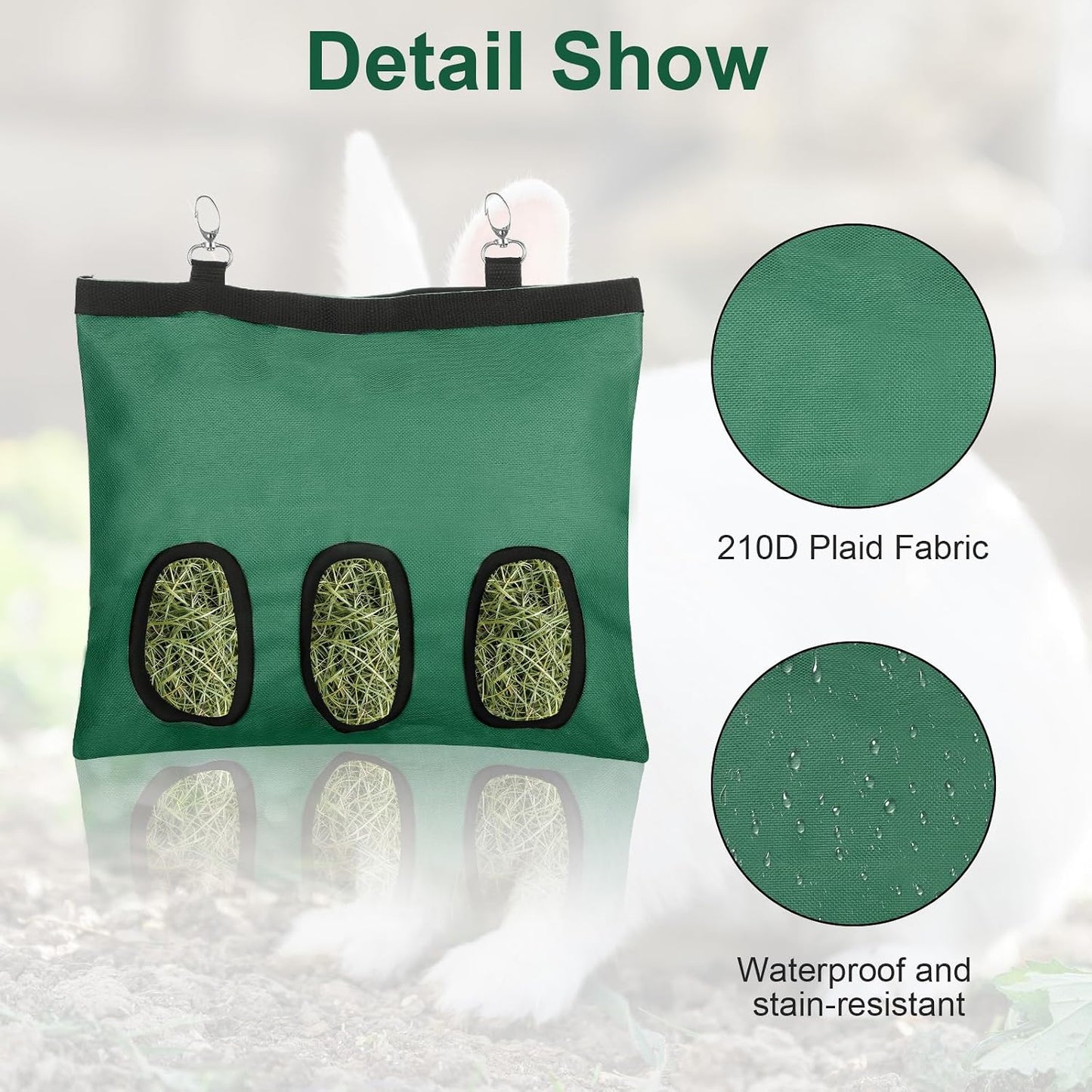 2 Pcs Rabbit Hay Feeder,Guinea Pig Hay Feeder,13x10.8 Inch Guinea Pig Bag,Small Animal Feeding Bag for Rabbits, Hamsters, Hedgehogs(3 Holes,Green) - Image 4