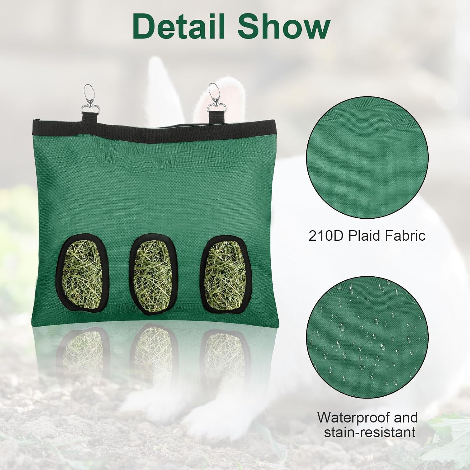 2 Pcs Rabbit Hay Feeder,Guinea Pig Hay Feeder,13x10.8 Inch Guinea Pig Bag,Small Animal Feeding Bag for Rabbits, Hamsters, Hedgehogs(3 Holes,Green) - Image 4