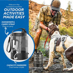Lesotc seventy seven ounce dog water bowl dispenser attached to a backpack via carabiner.