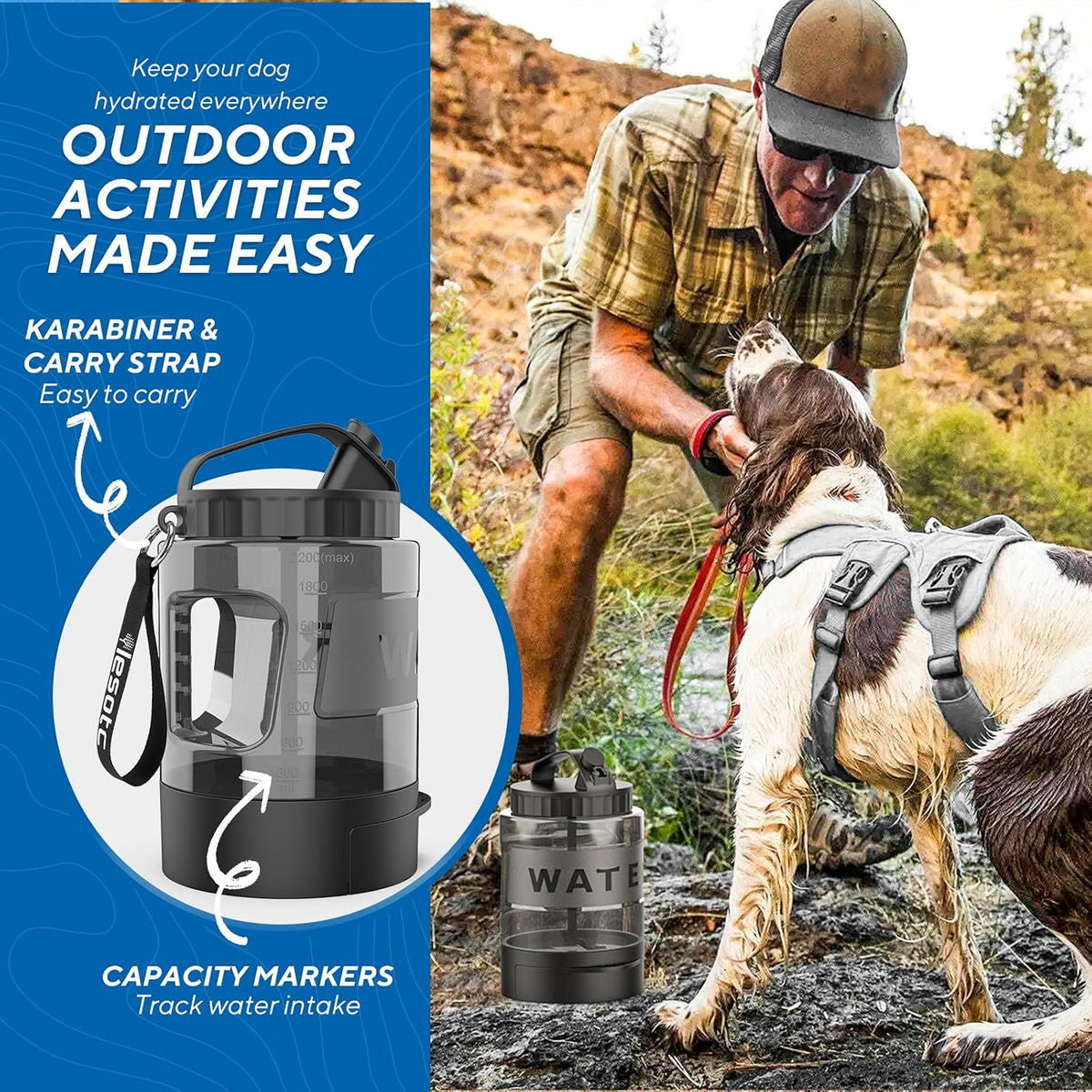 Lesotc seventy seven ounce dog water bowl dispenser attached to a backpack via carabiner.