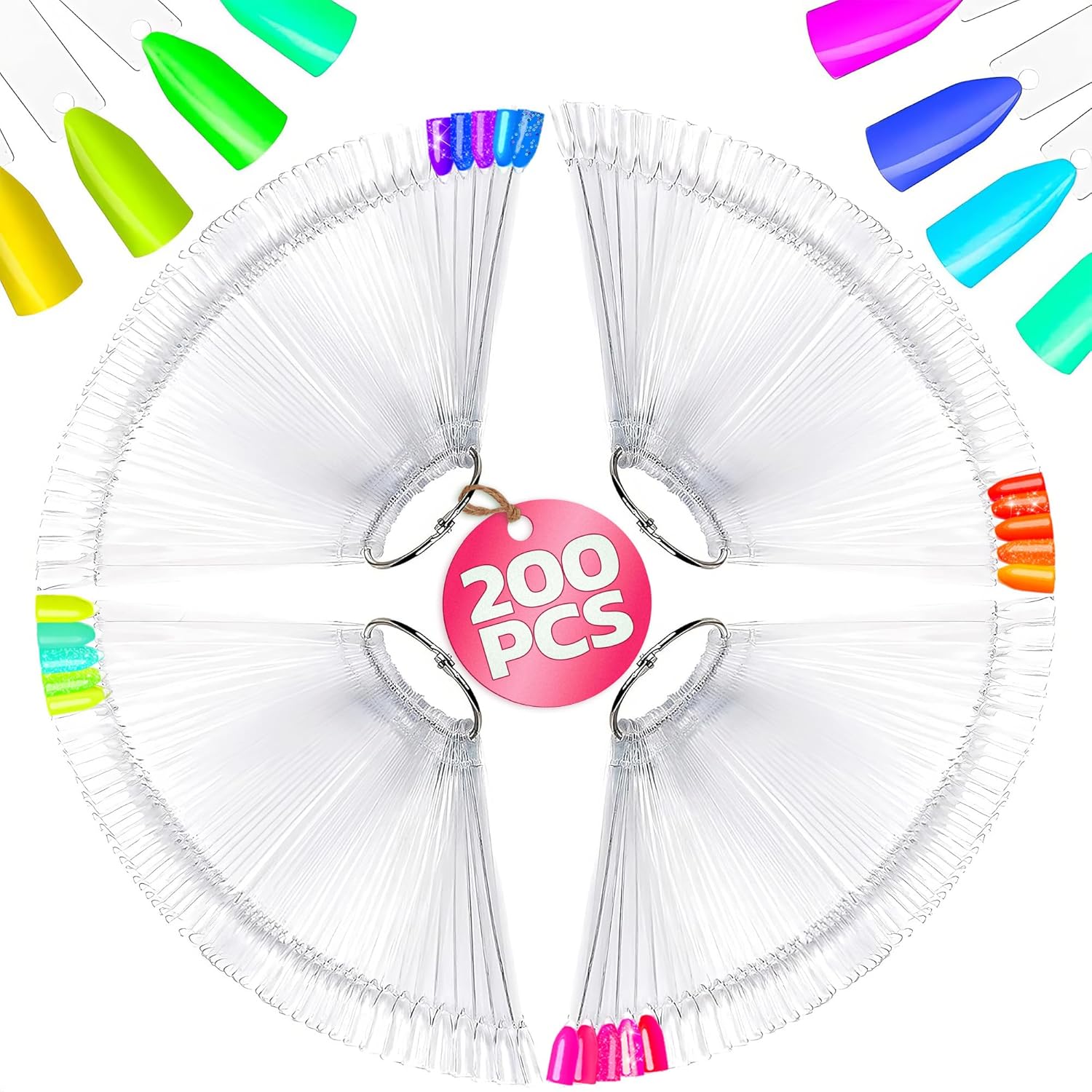 Novsix 200 piece clear nail swatch sticks with metal rings front view