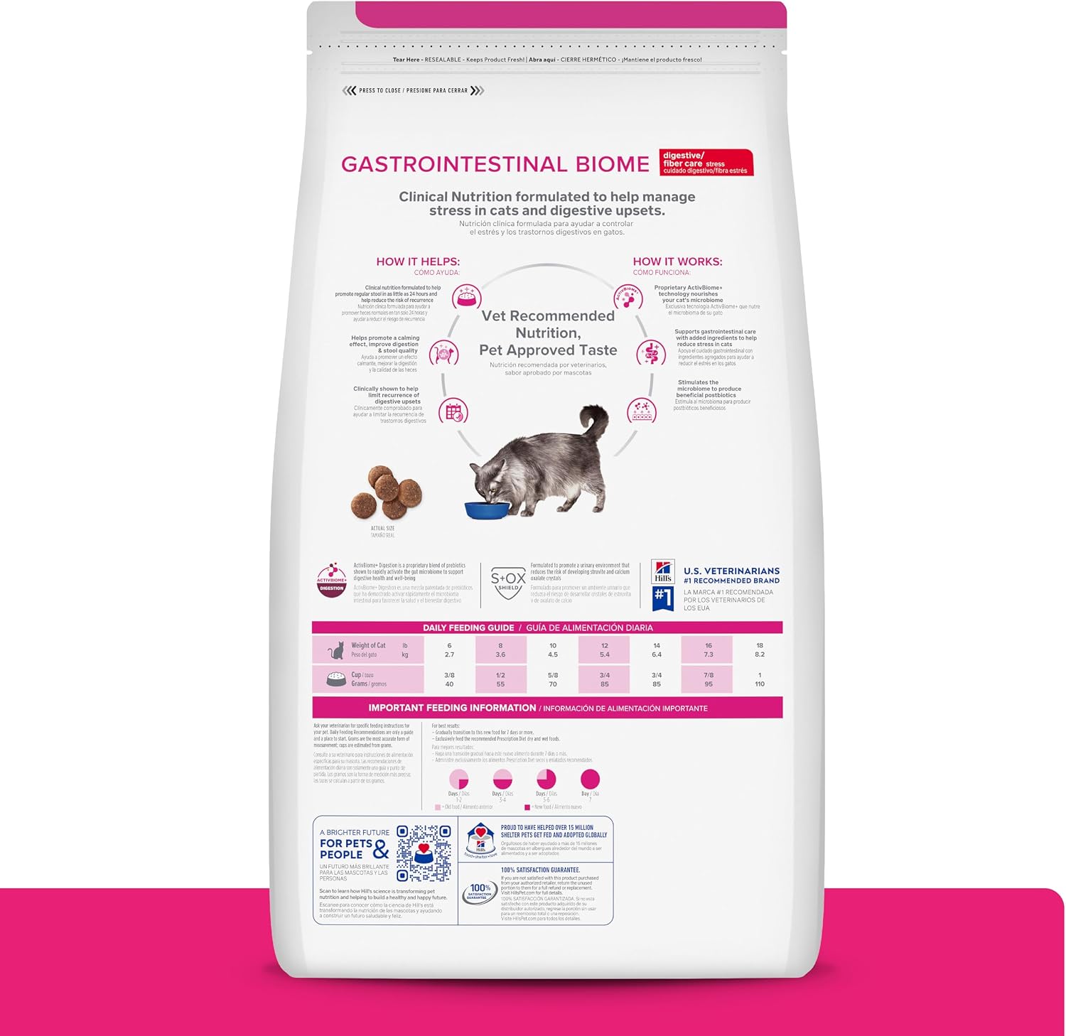 Hill's Pet Nutrition digestive and fiber care cat food bag showcasing the ActivBiome+ technology logo.