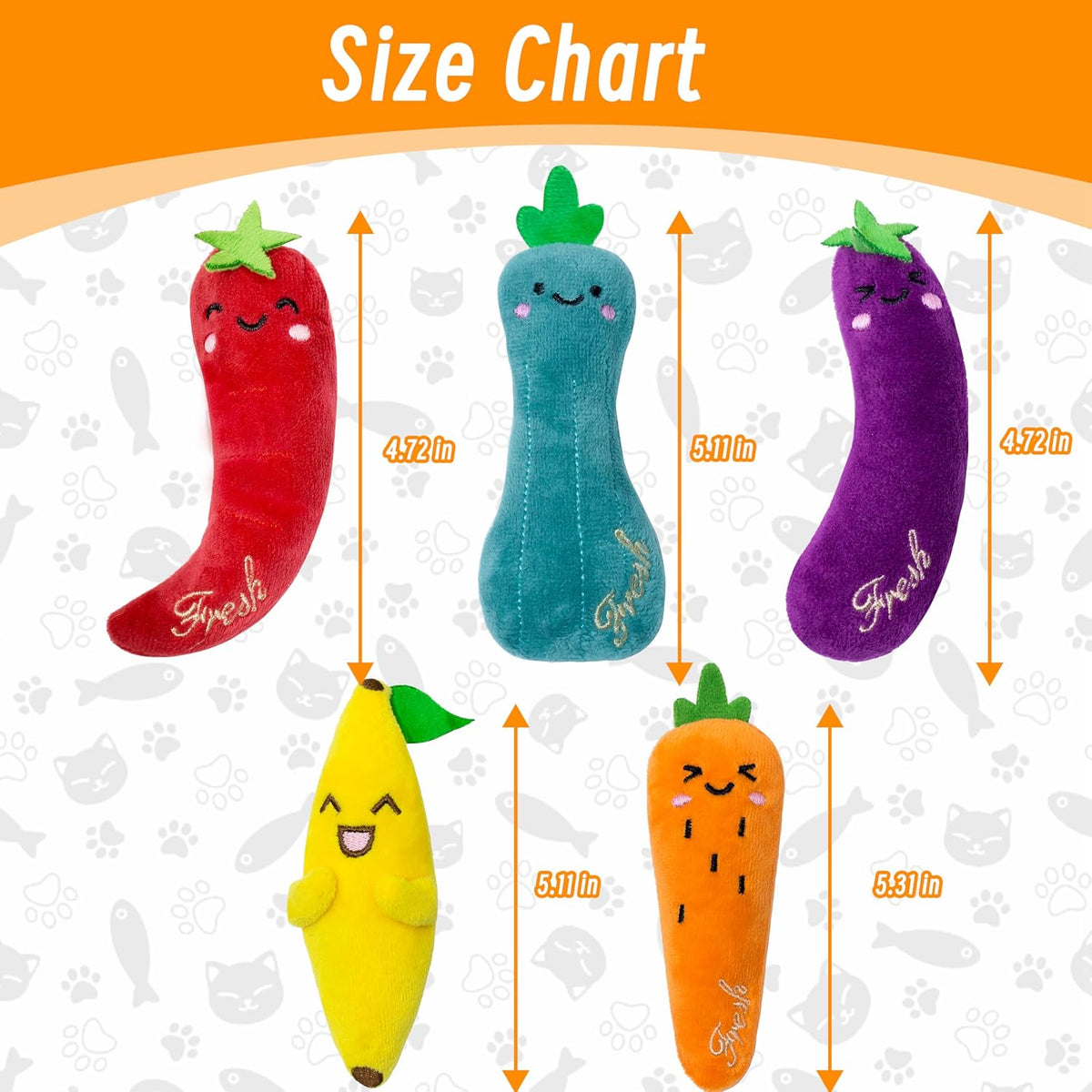 Soft plush catnip filled toys showing variety of vegetable shapes
