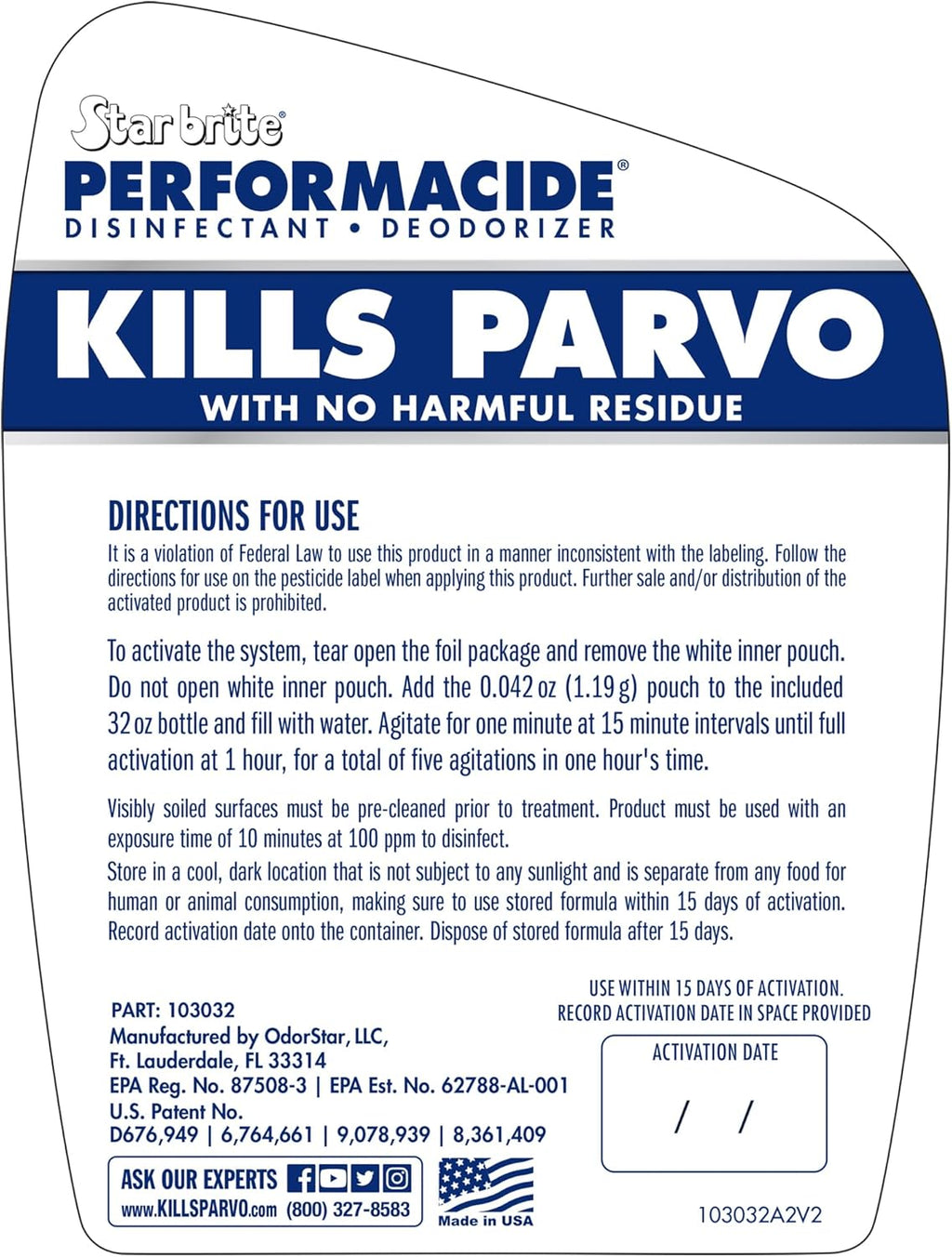 Star Brite Performacide rear instruction label for mixing water and pouch