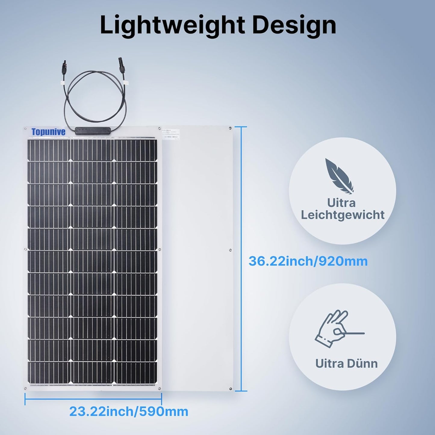 Topunive 100W solar charger laid flat on an RV rooftop for off grid battery charging.