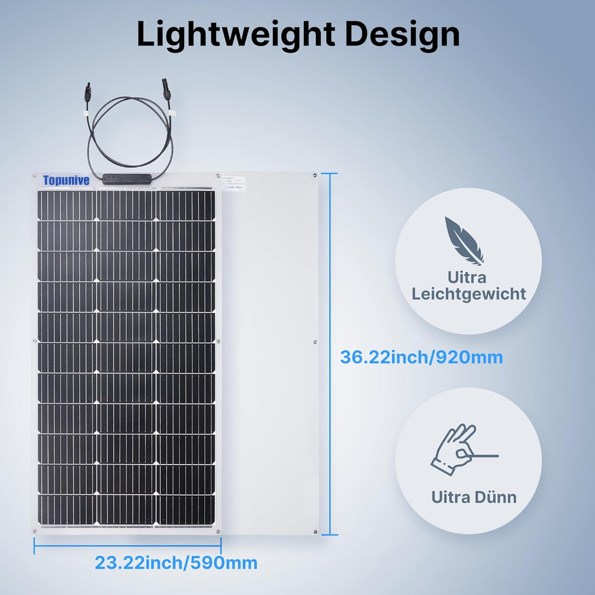 Topunive 100W solar charger laid flat on an RV rooftop for off grid battery charging.