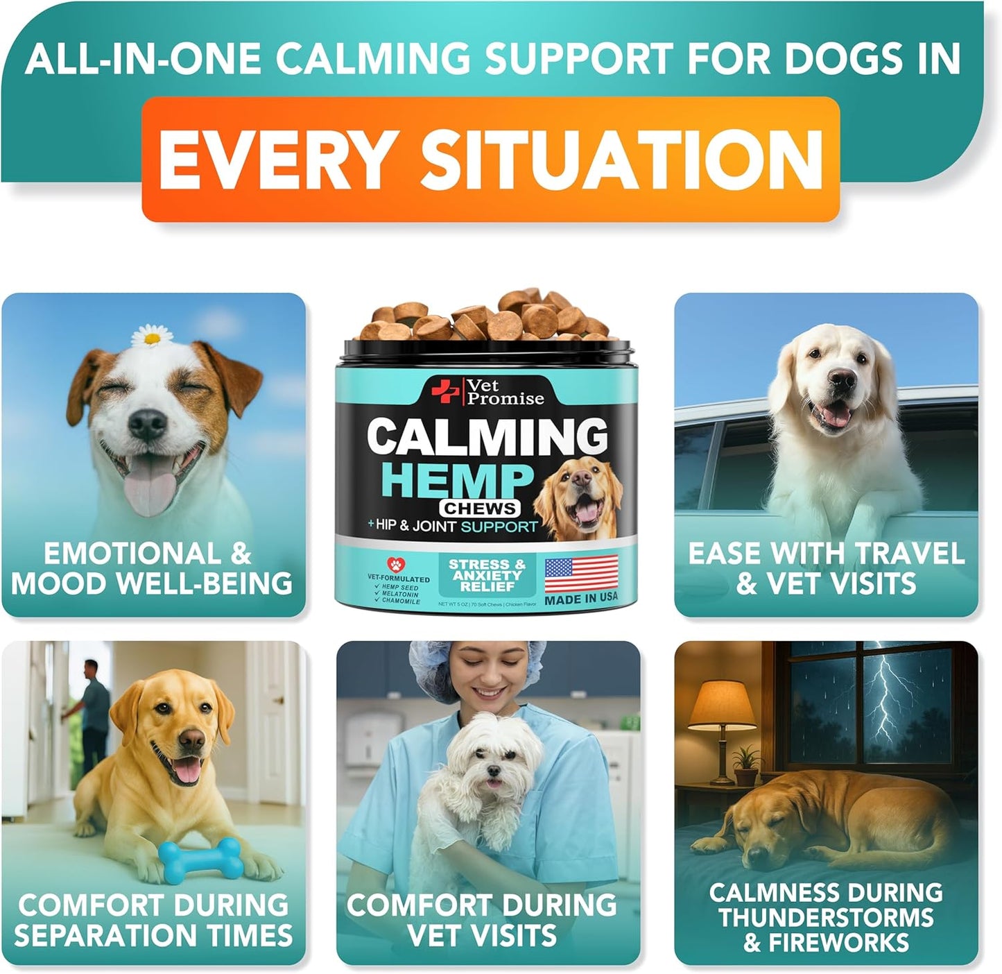 Hemp dog calming treats bottle label illustrating dosage guidelines and premium ingredient specifications.