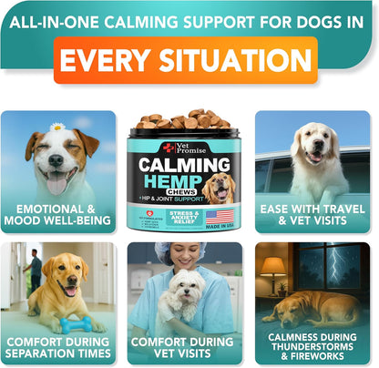 Hemp dog calming treats bottle label illustrating dosage guidelines and premium ingredient specifications.