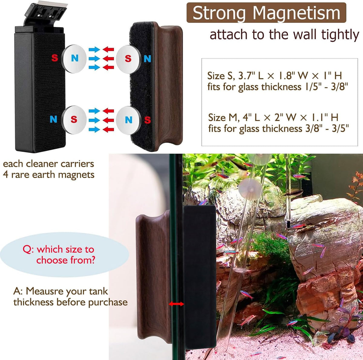 Hygger aquarium strong magnetic cleaner front view with wood-grain handle