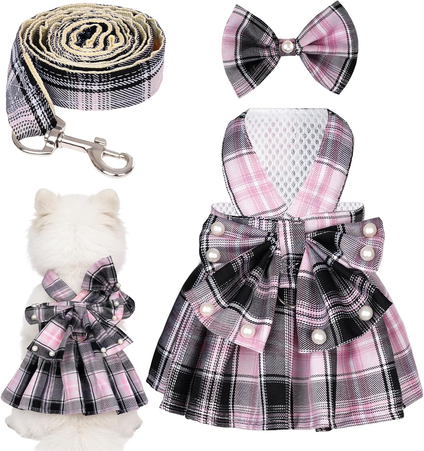 YKYUASD dog plaid dress harness front view featuring pink and black pattern with pearls bow