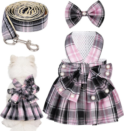 YKYUASD dog plaid dress harness front view featuring pink and black pattern with pearls bow