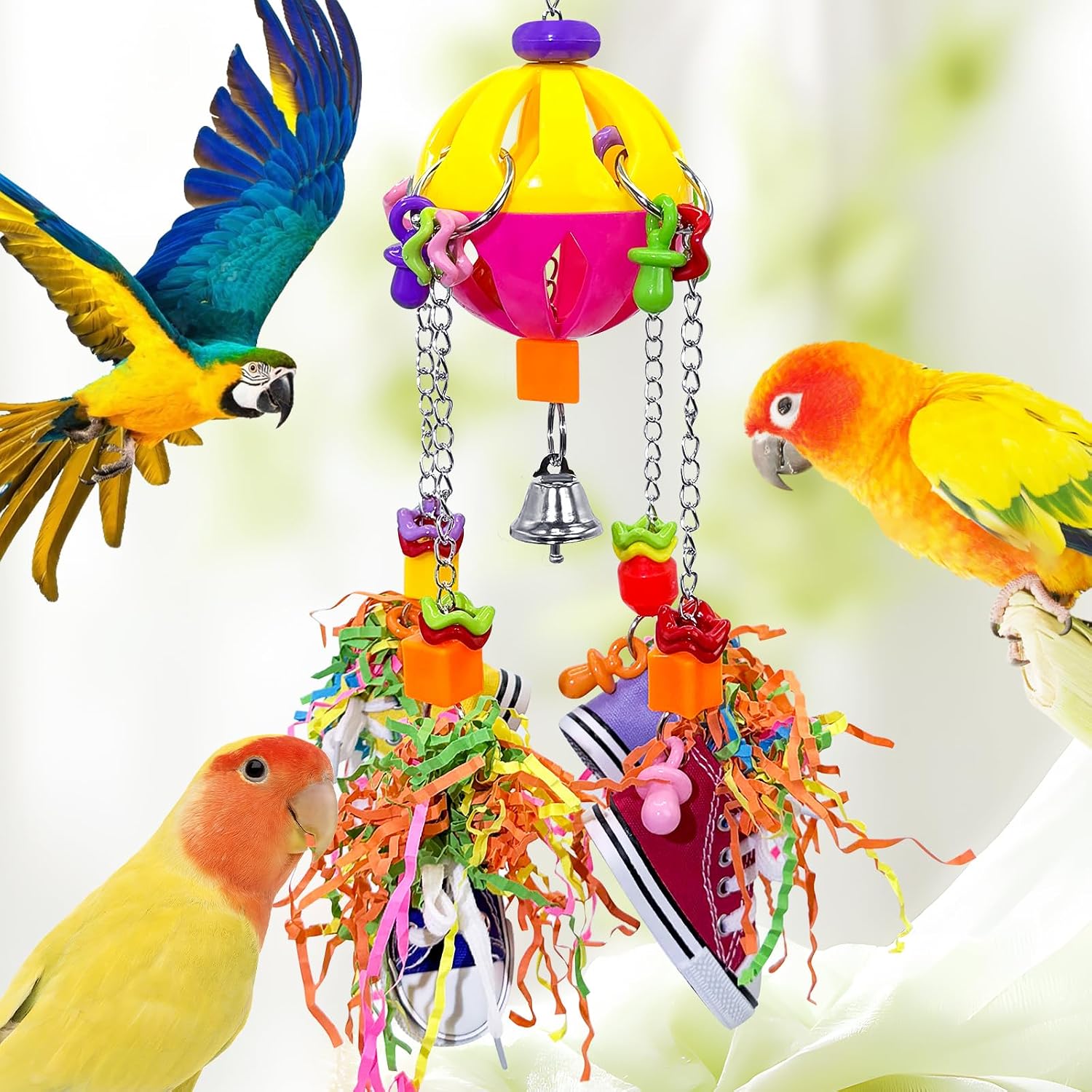Loperdeve bird chewing and shredding toy close up view of colorful sneakers
