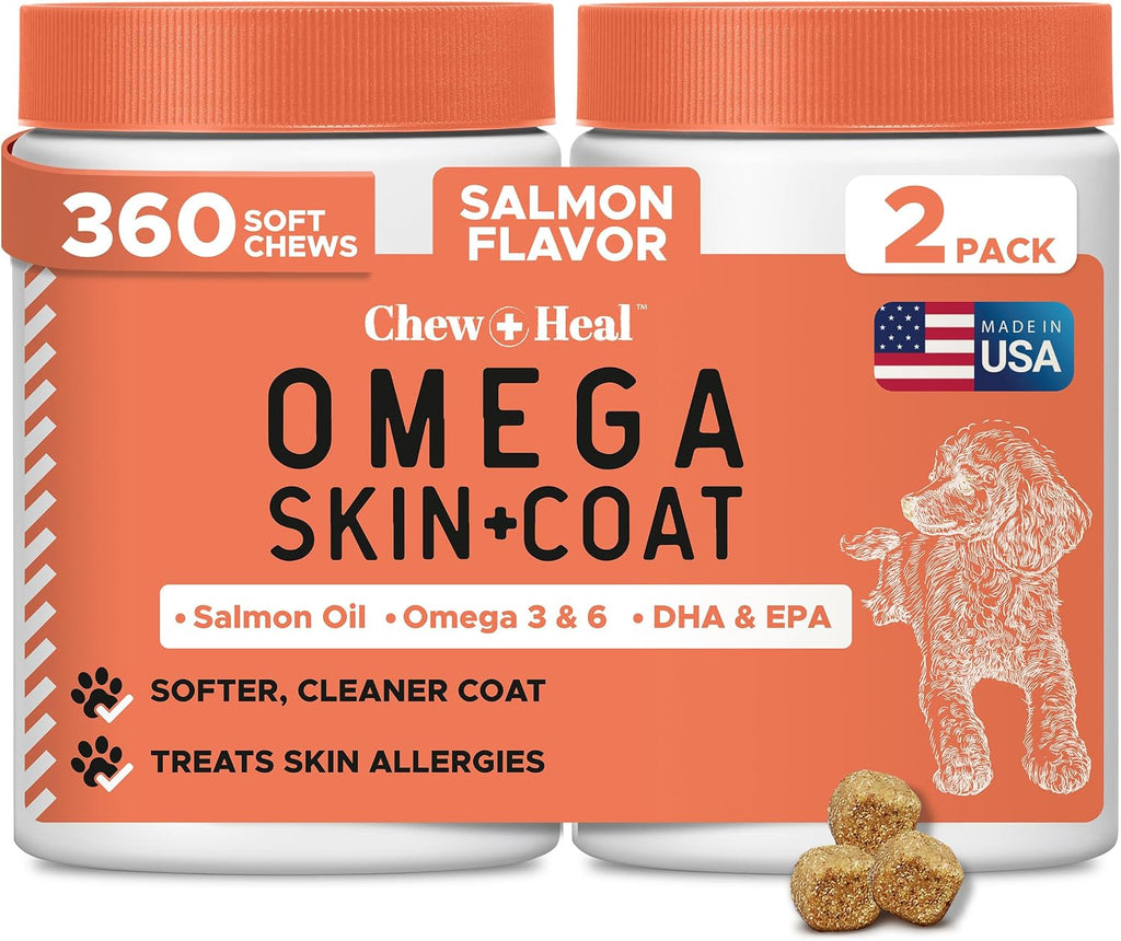 Omega 3 Fish Oil for Dogs - 180 Soft Chews for Itch Relief, Shedding & Hot Spots - Skin and Coat Supplement - Salmon Oil, EPA & DHA - Allergy Chews - Made in USA - Chew + Heal - Image 13