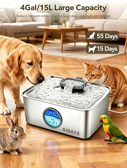 Sibays pet water fountain showing LED light water level indicator