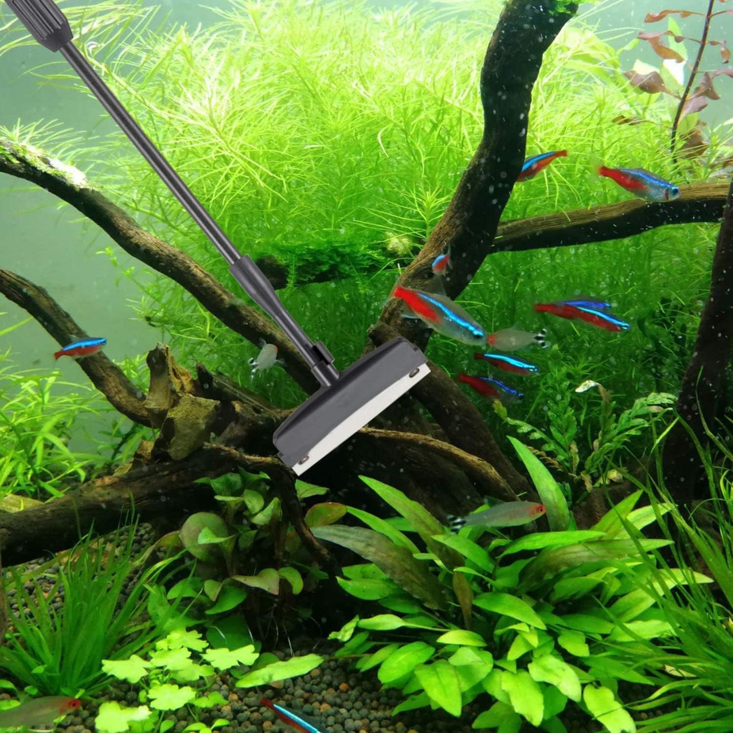 Hygger multi purpose fish tank cleaner kit with stainless steel algae scraper tool attached.