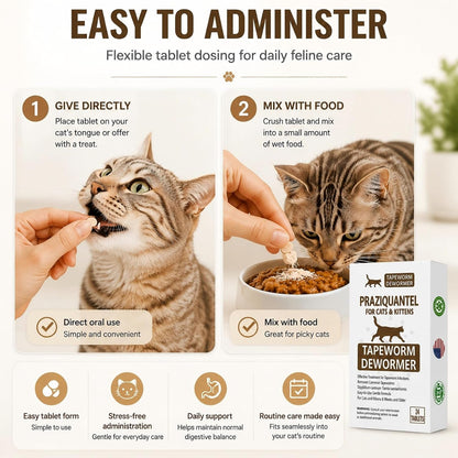 Back label of Elanco praziquantel tablets displaying feline weight chart instructions