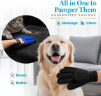 Blue silicone pet grooming glove removing loose fur from cat