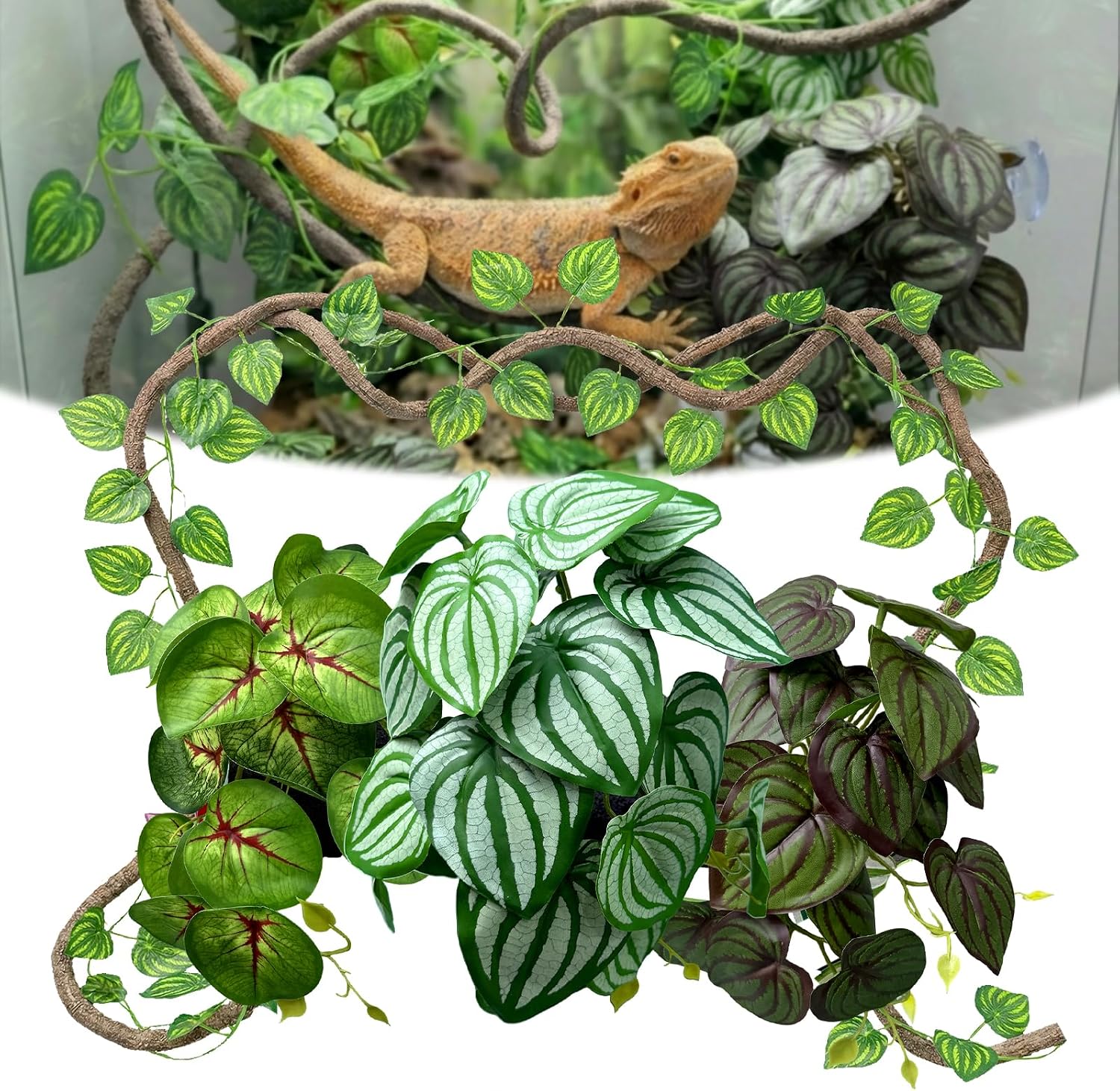 5 Pcs Reptile Plants & Habitat Decor Kit - 3 Artificial Phalaenopsis Orchid & Large 5ft Jungle Vine Branch, Terrarium Tank Decor & Climbing Accessories for Crested Gecko, Bearded Dragon - Image 11