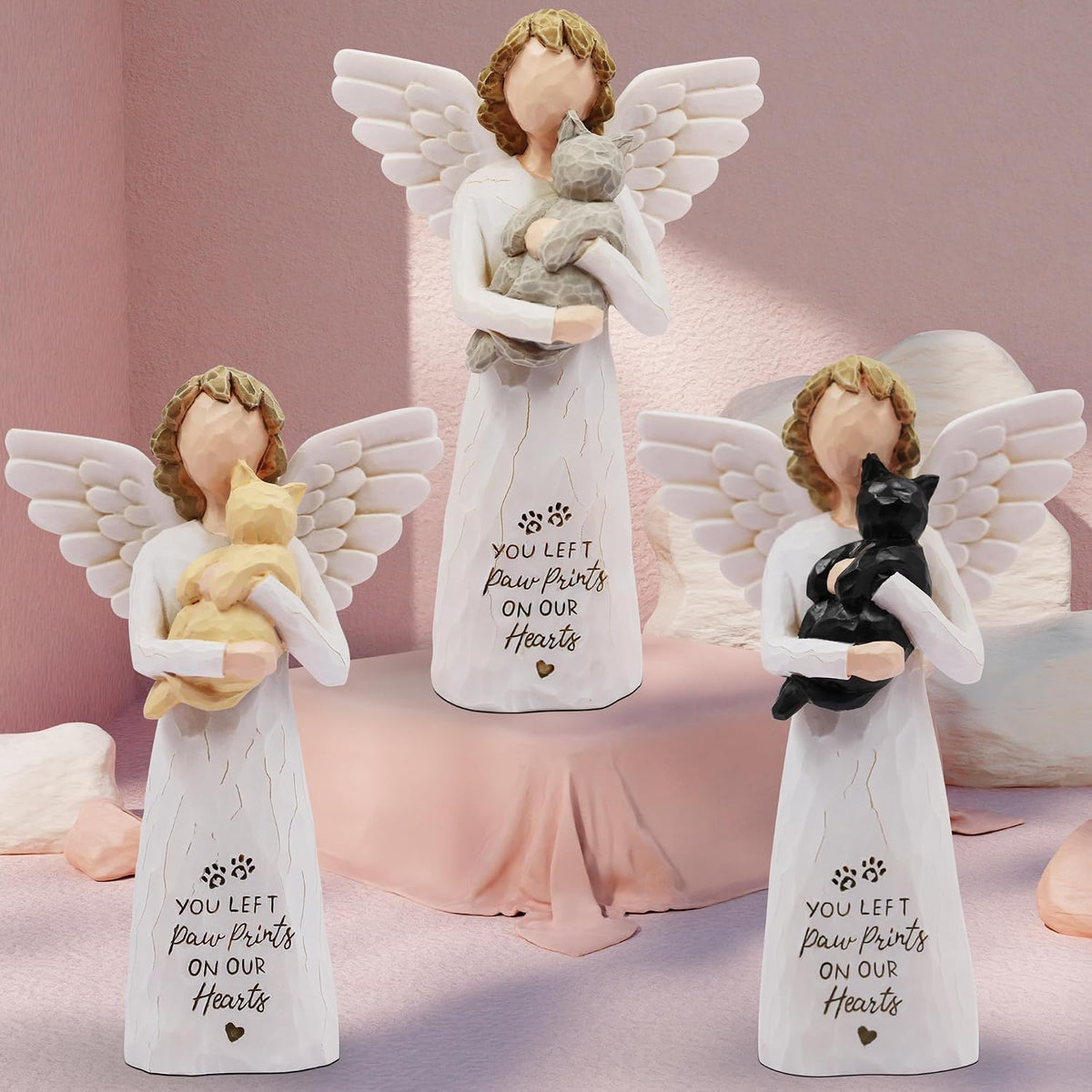 Hand painted pet loss sympathy gift angel holding gray cat