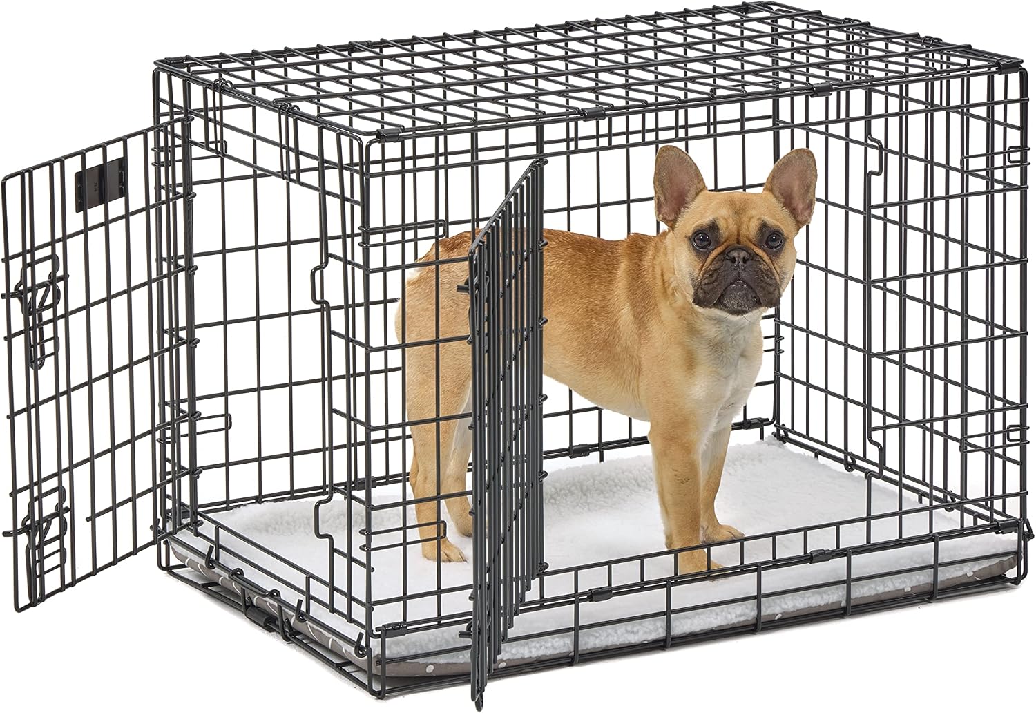 Soft non-slip dog crate tray cover installed inside a metal wire cage