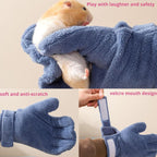 Soft pink pet handling mitten demonstrating the bite-resistant fabric thickness.