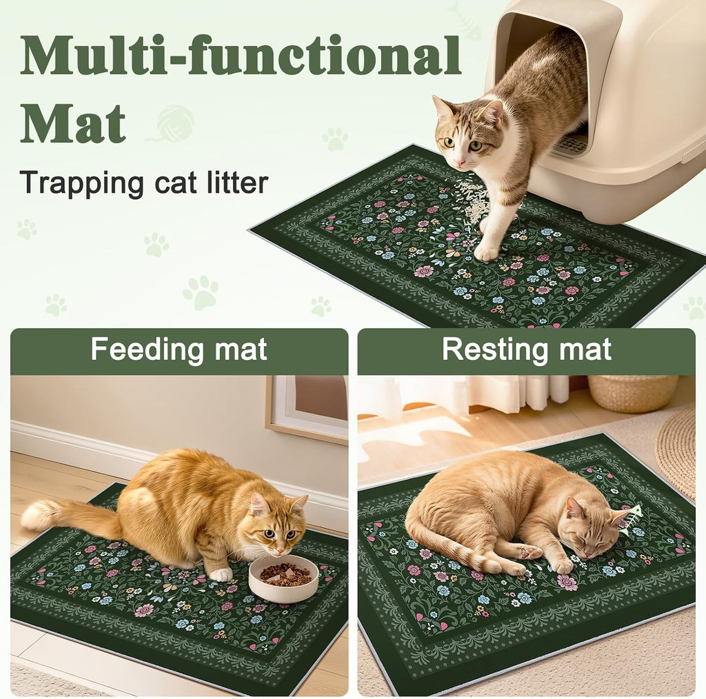 Dark green floral printed Bienbee cat rug near a litter box