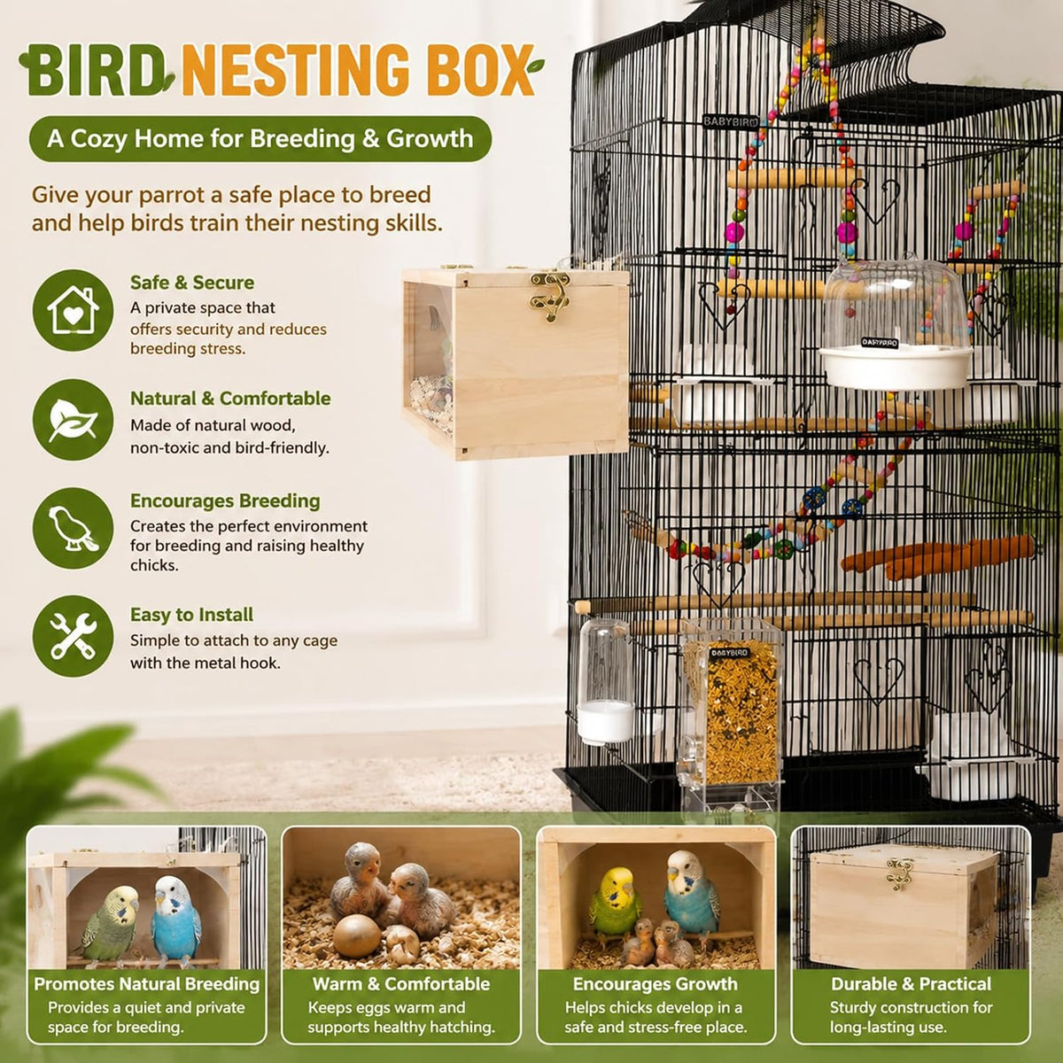 Rypet Parakeet Nesting Box, Cockatiel Bird Nest Box with Perch(S) - Image 7