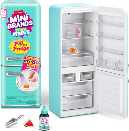 Mini Brands Fill The Fridge playset by ZURU front view featuring turquoise miniature refrigerator setup