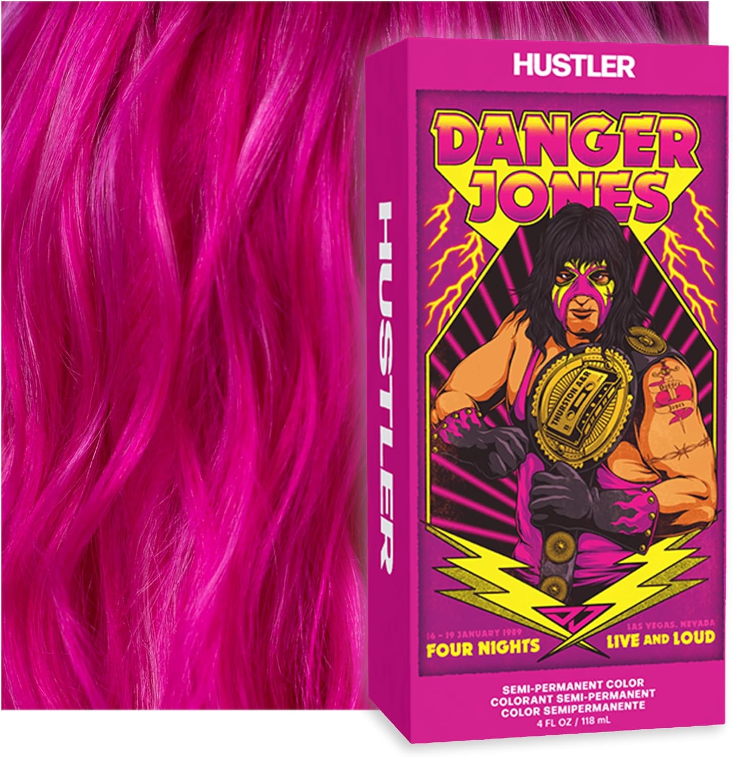 Danger Jones Semi Permanent Hair Color Hustler Pink front view packaging for vivid hair transformation.