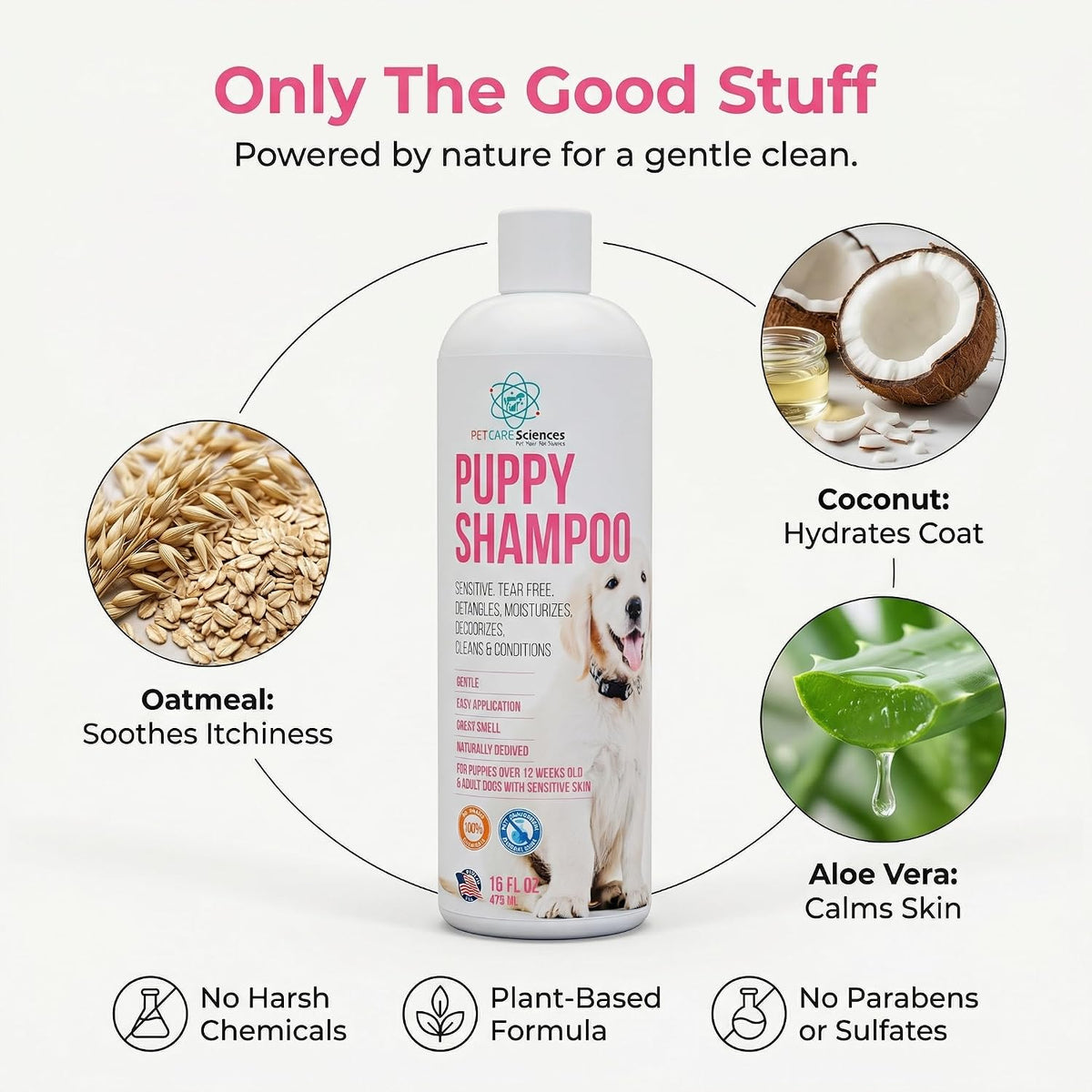 Natural coconut oil and oatmeal ingredients for dog grooming