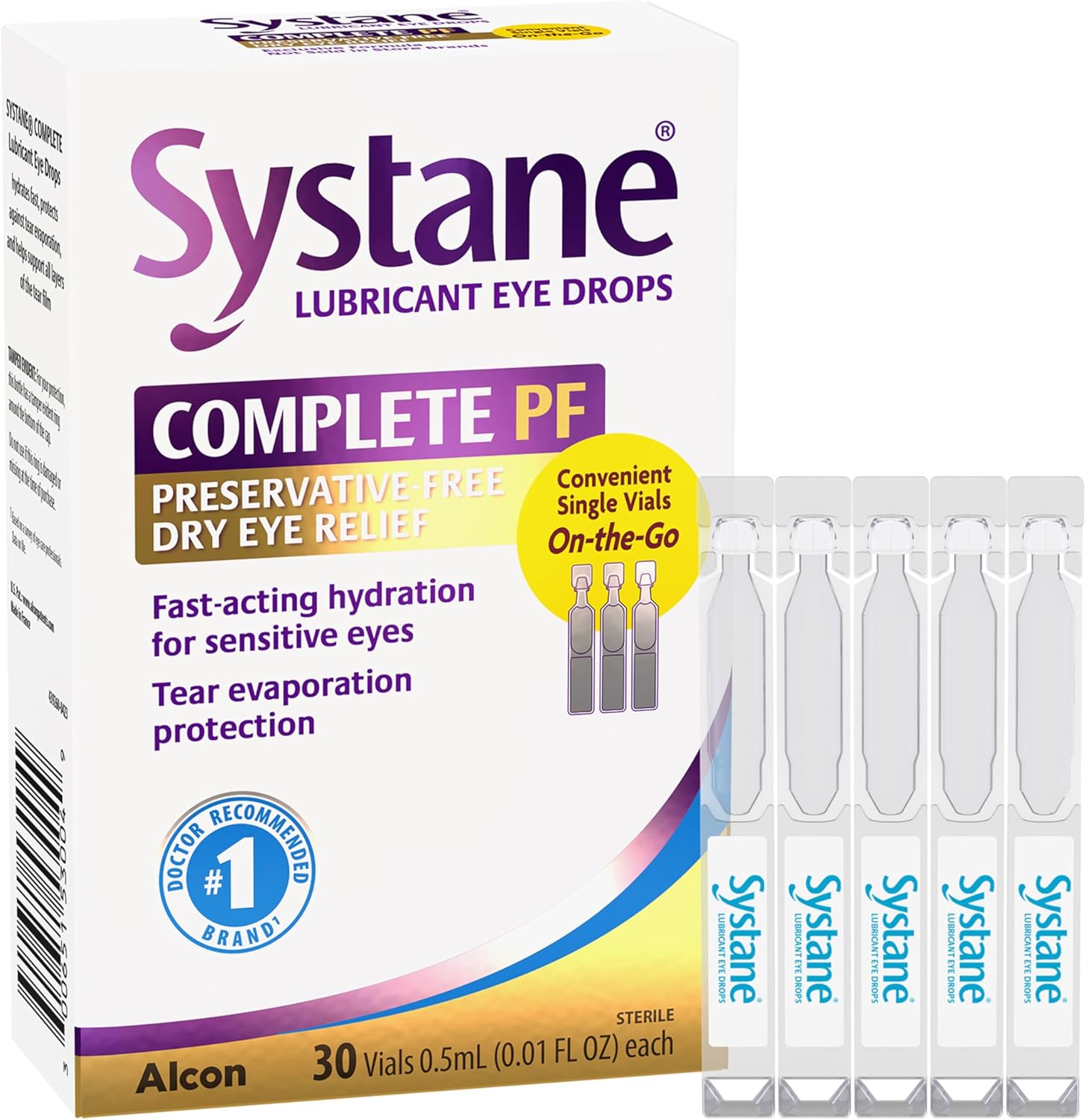 Systane Complete Preservative Free 30 Count vials front packaging for dry eye relief.