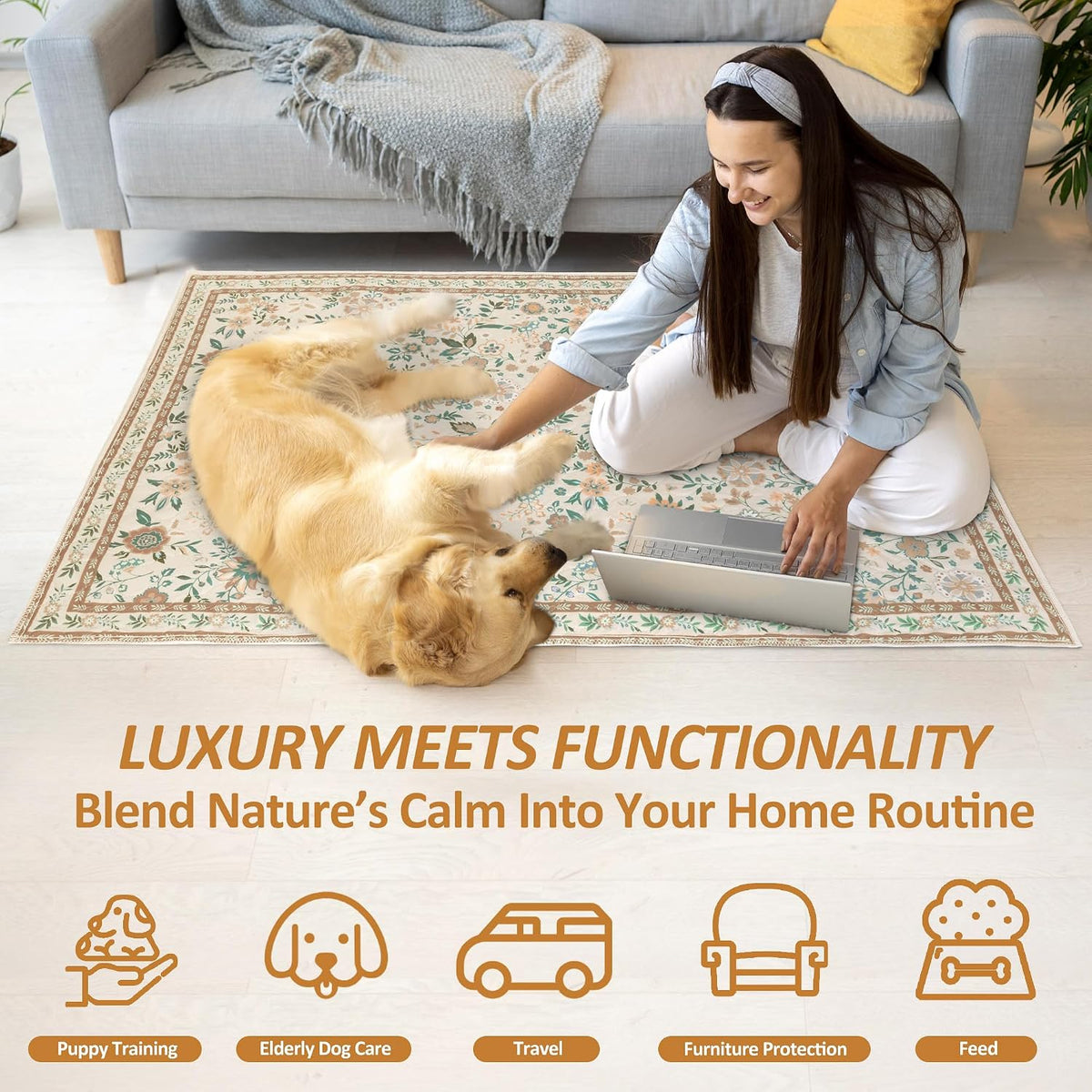 Large 36 by 48 inch floral pet mat on hardwood floor