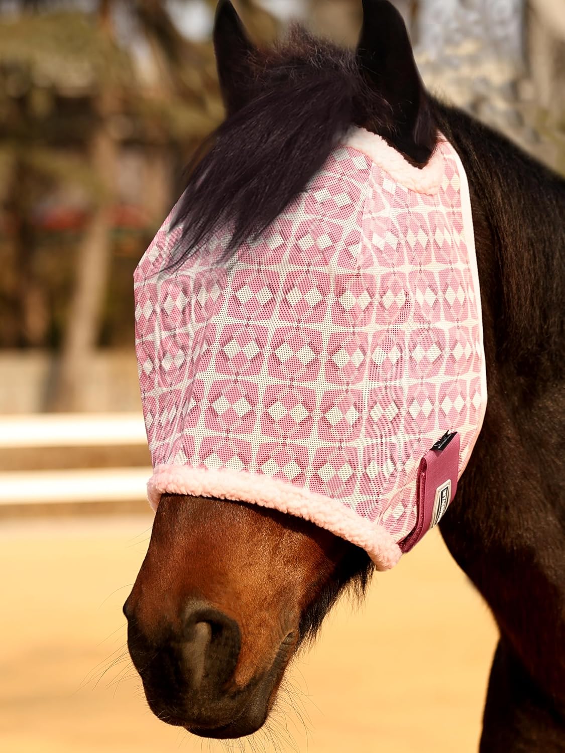 Tackmore printed pink horse fly mask front view for pasture