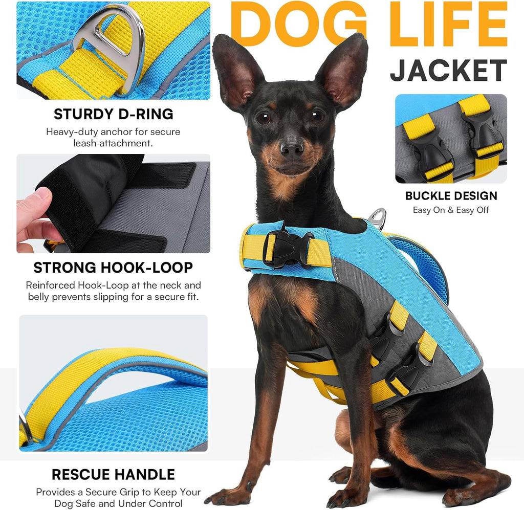Queenmore canine swimming jacket side view showing blue and yellow panels