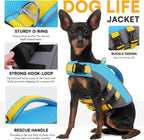 Queenmore canine swimming jacket side view showing blue and yellow panels
