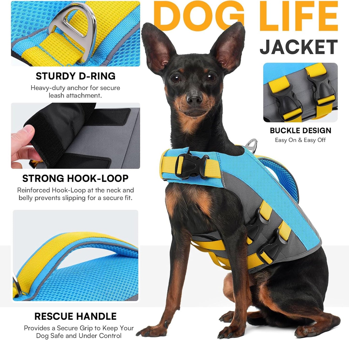 Queenmore canine swimming jacket side view showing blue and yellow panels
