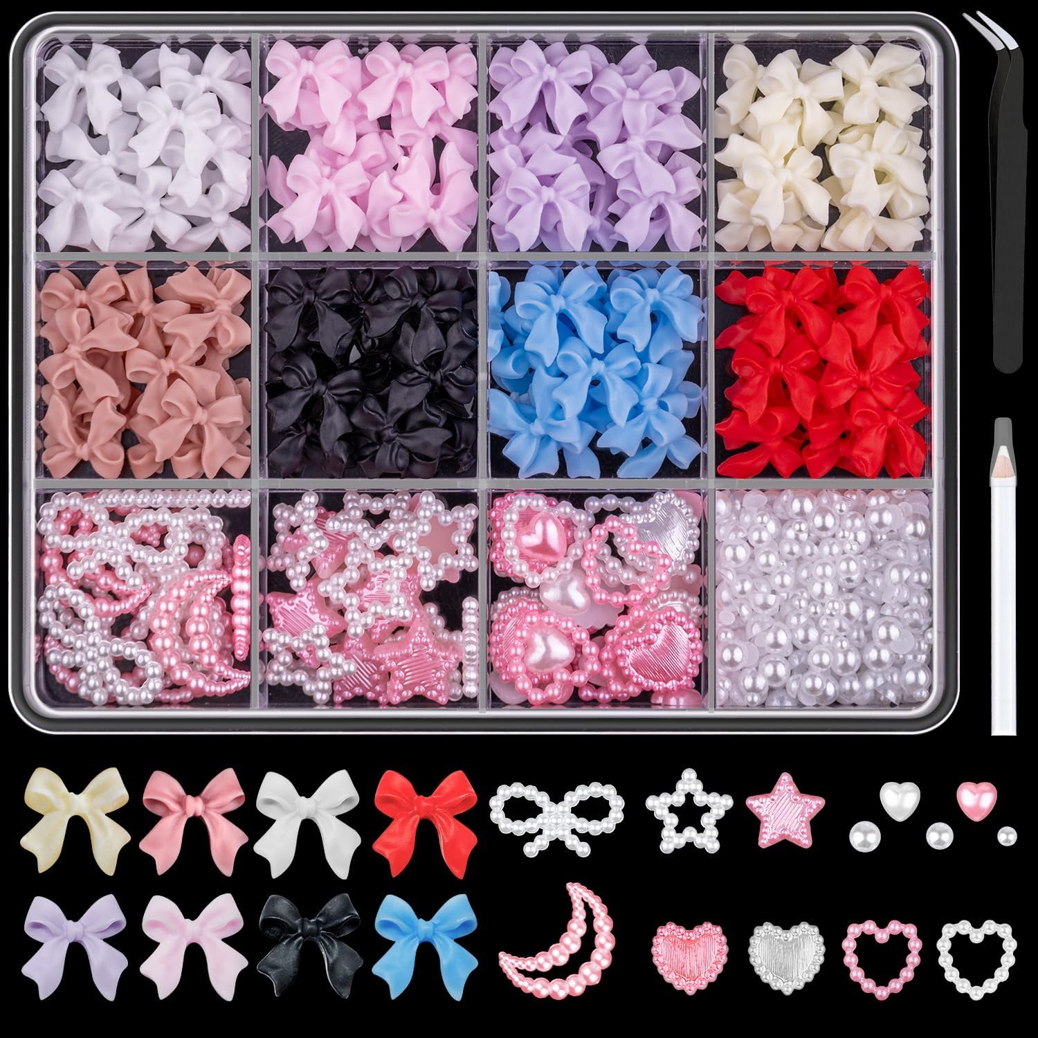 Belleboost 600 pieces 3D nail charms and pearls set with storage case