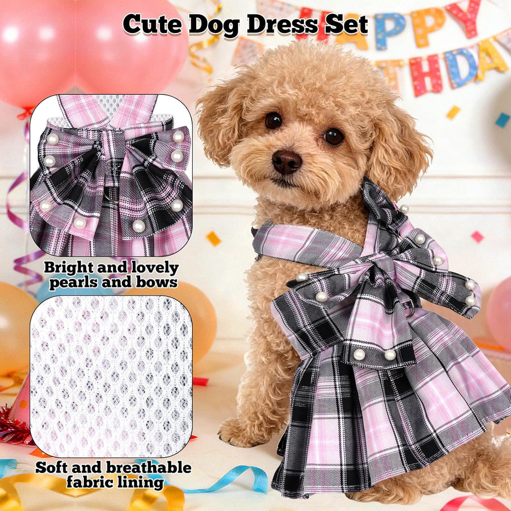 Small girl dog wearing the elegant plaid apparel set during an outdoor walk