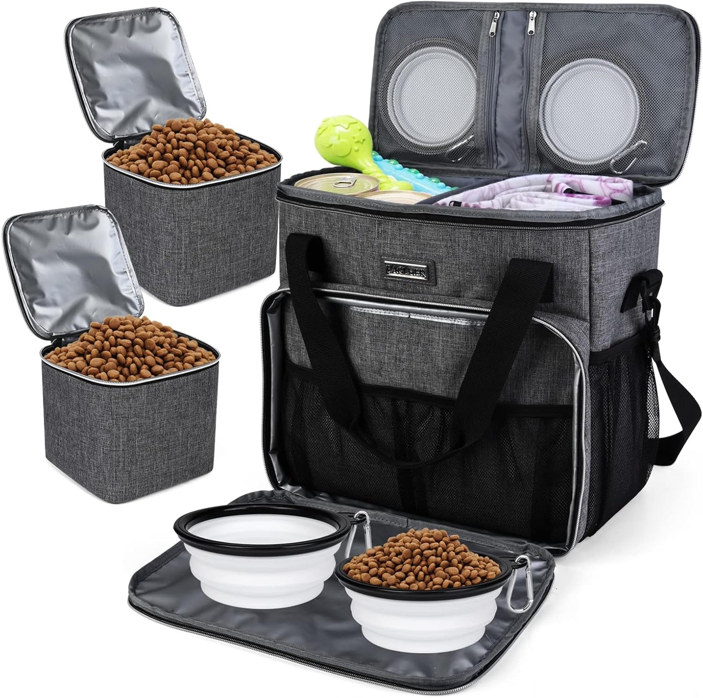 BAGLHER dog travel bag front view in grey showing the main tote setup.