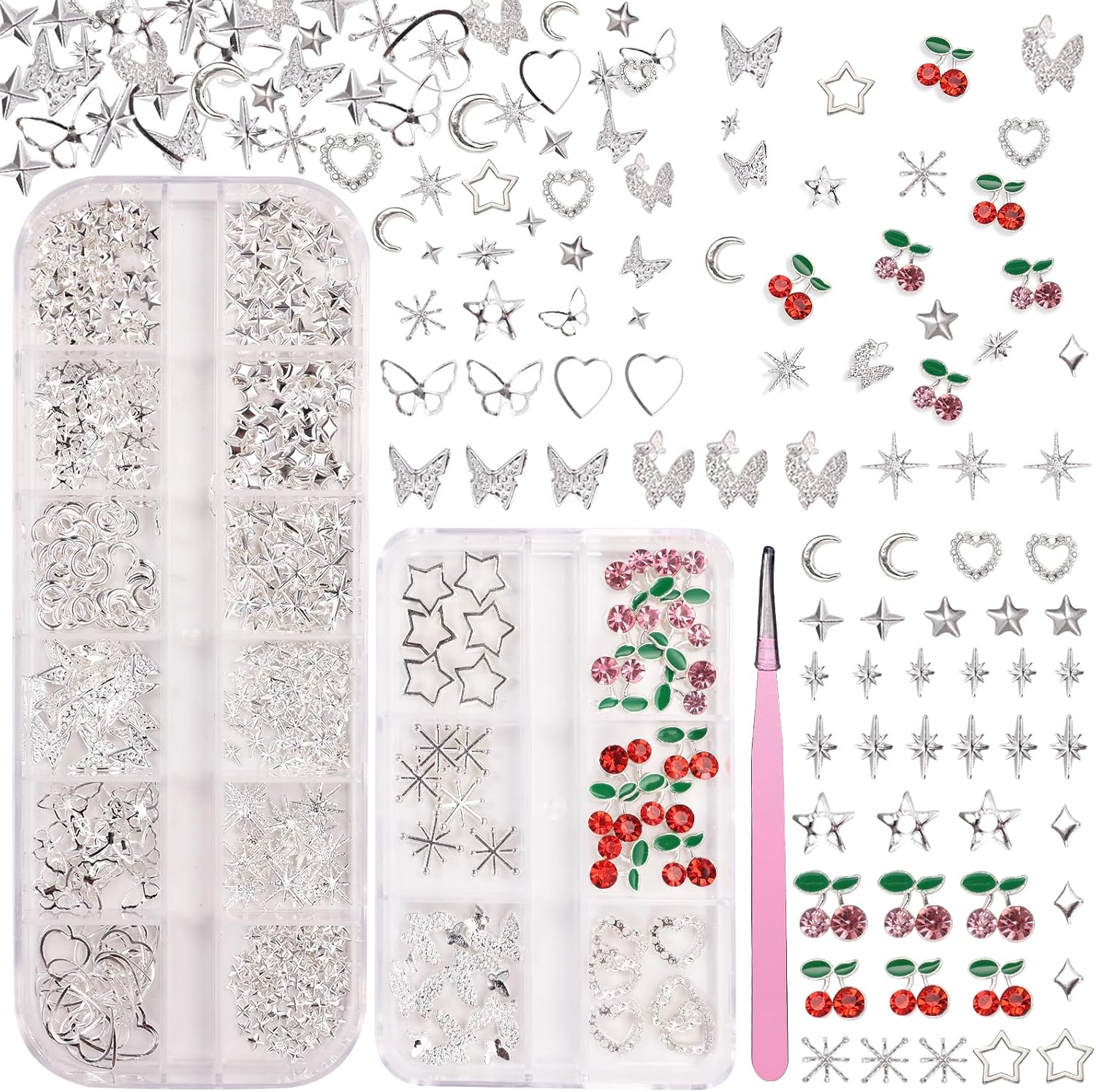 Uotey silver nail charms and gems front view in storage box